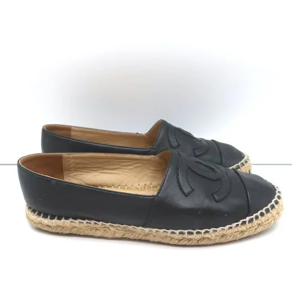 CHANEL CC ESPADRILLES BLACK LEATHER SIZE 37 - Picture 2 of 13